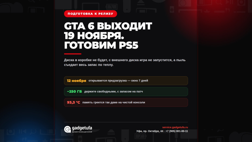 GTA 6 выходит 19 ноября — подготовка PlayStation 5 в сервисе GadgetUfa