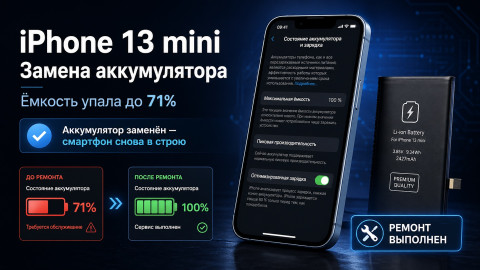 iPhone 13 mini замена аккумулятора (ёмкость упала до 71%)