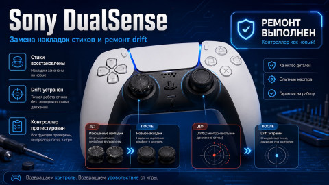 Sony DualSense замена накладок стиков и ремонт drift.